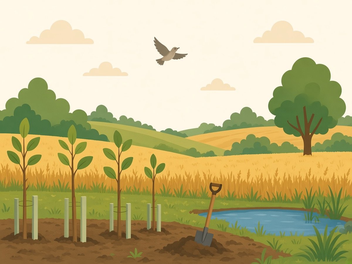 Illustration of newly planted saplings and a new pond on farmland