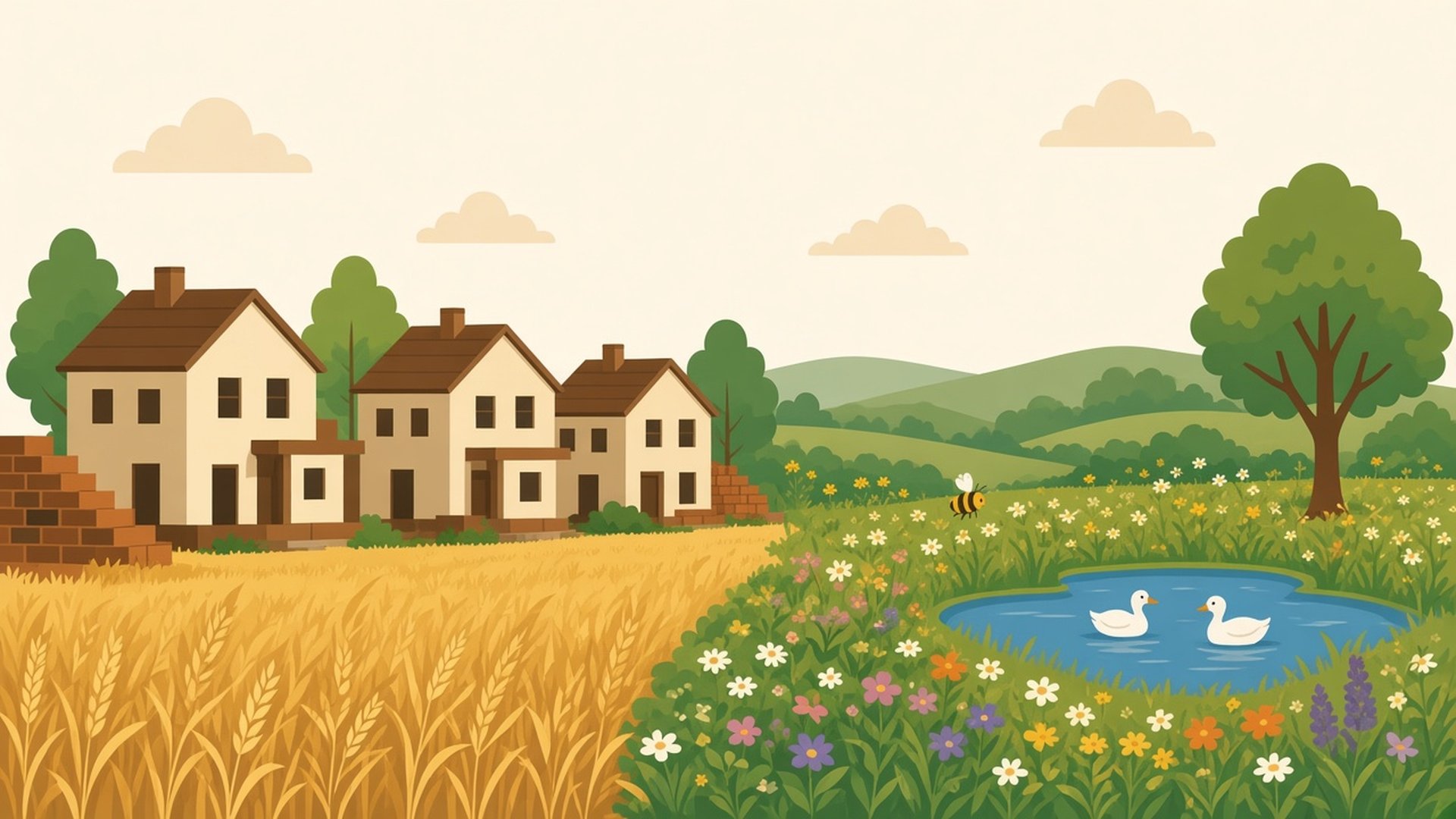 Illustration of new homes beside a wheat field and a wildflower meadow with a pond