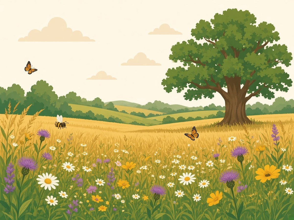 Illustration of a mature wildflower meadow with an old oak tree
