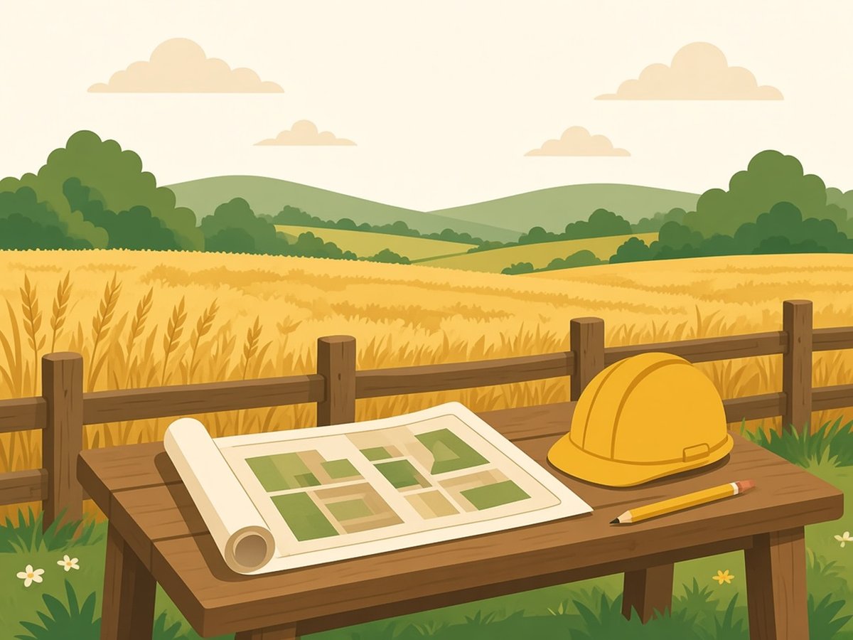 Illustration of a site plan, hard hat and pencil on a table by a wheat field