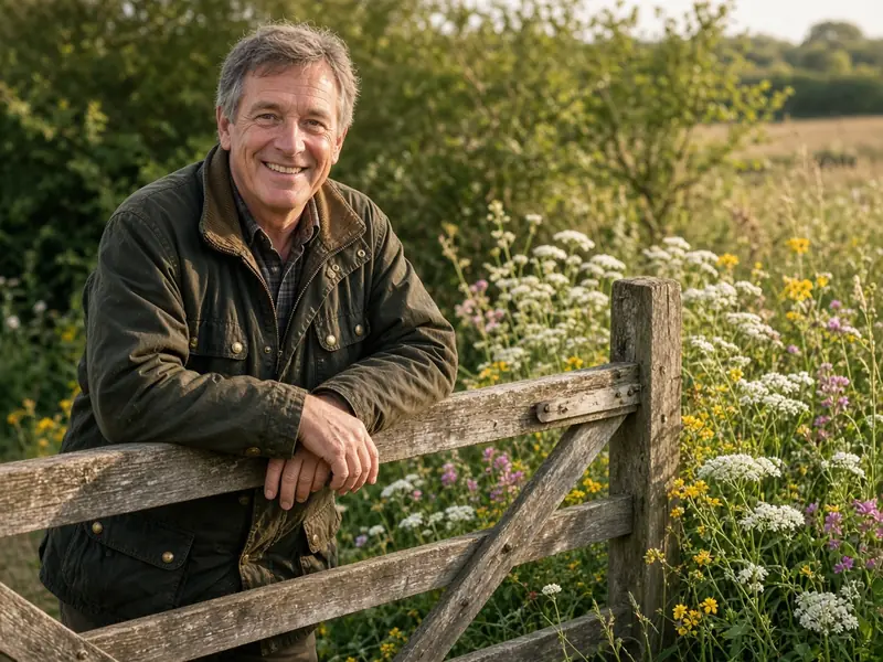 Smiling farmer leaning on a wooden gate beside a wildflower margin
