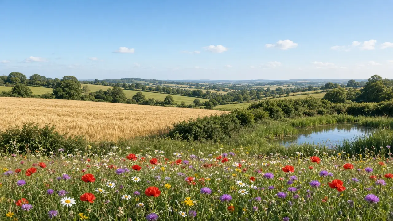 Wheat field and wildflower meadow beside a pond under a summer sky