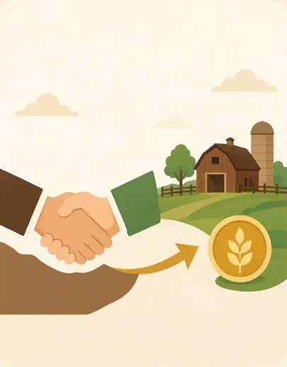 Illustration: a handshake and a payment to a farm