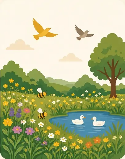 Illustration: a wildflower meadow with a pond, birds and bees